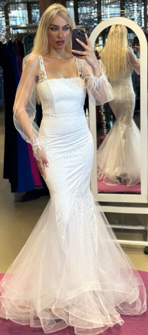 White Long Sleeve Mermaid Skirt Glitter Long Evening Dress 7372 - abiyeniall