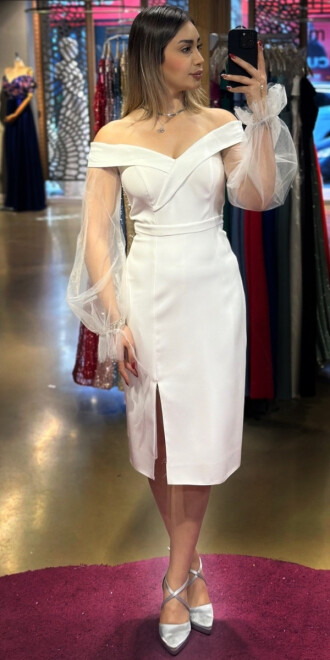 White Long Sleeve Slit Straight Cut Crepe Midi Evening Dress 7084 - abiyeniall