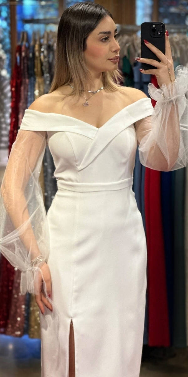 White Long Sleeve Slit Straight Cut Crepe Midi Evening Dress 7084 - 2