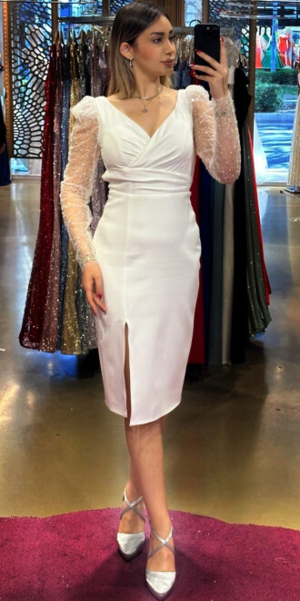 White Long Sleeve Slit Straight Cut Crepe Midi Evening Dress 7495 - abiyeniall