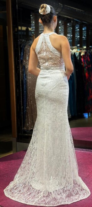 White Mermaid Skirt Glitter Long Evening Dress 7460 - 5