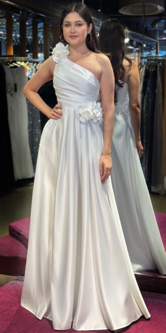 White One Shoulder Floral Detailed Flared Skirt Satin Long Evening Dress 7659 - abiyeniall