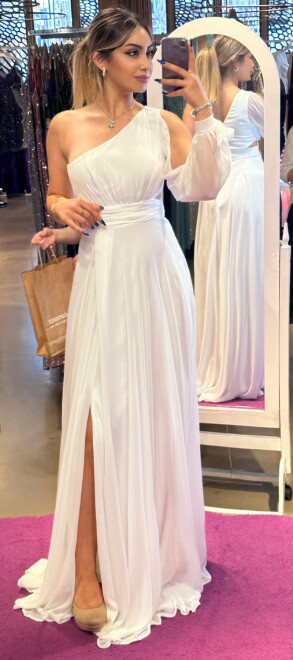 White One Sleeve Cut Out Waist Slit Flared Skirt Chiffon Long Evening Dress 7408 - abiyeniall