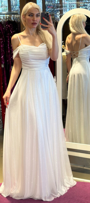 White Spaghetti Strap Low-Cut Back Flared Skirt Glitter Fabric Long Evening Dress 7365 - abiyeniall