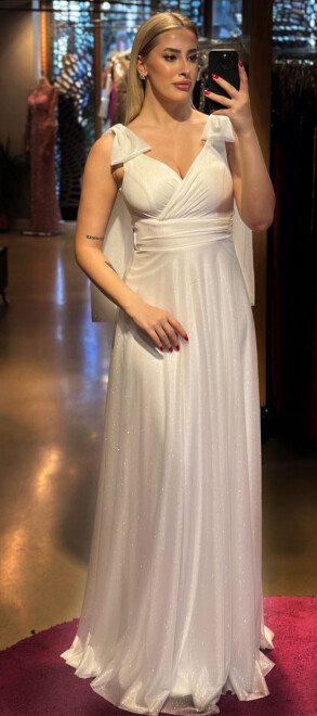 White Thick Strap Flared Skirt Glitter Fabric Long Evening Dress 7557 