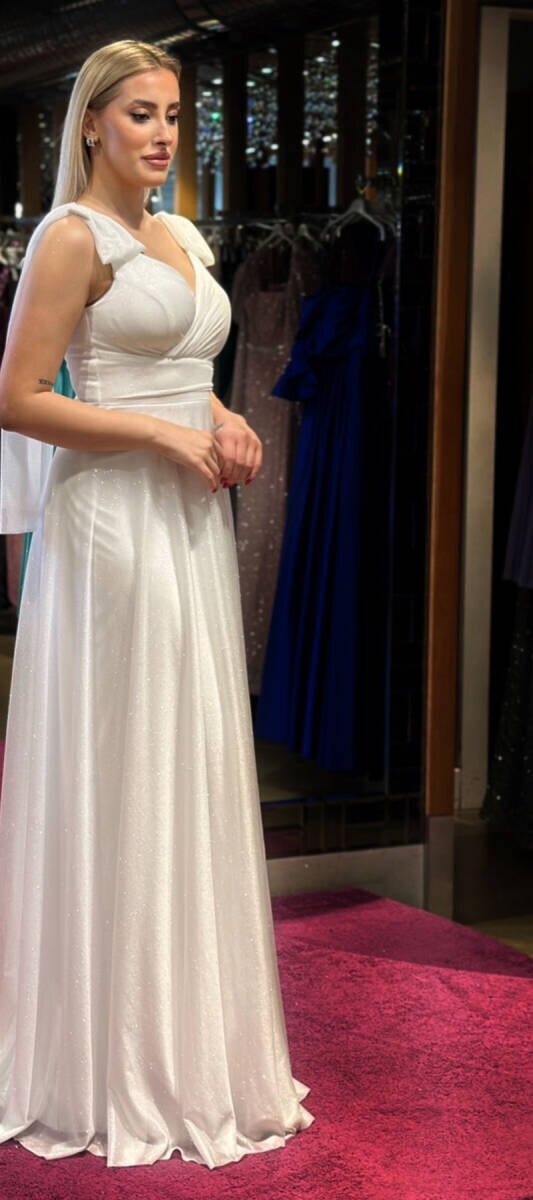 White Thick Strap Flared Skirt Glitter Fabric Long Evening Dress 7557 - 3