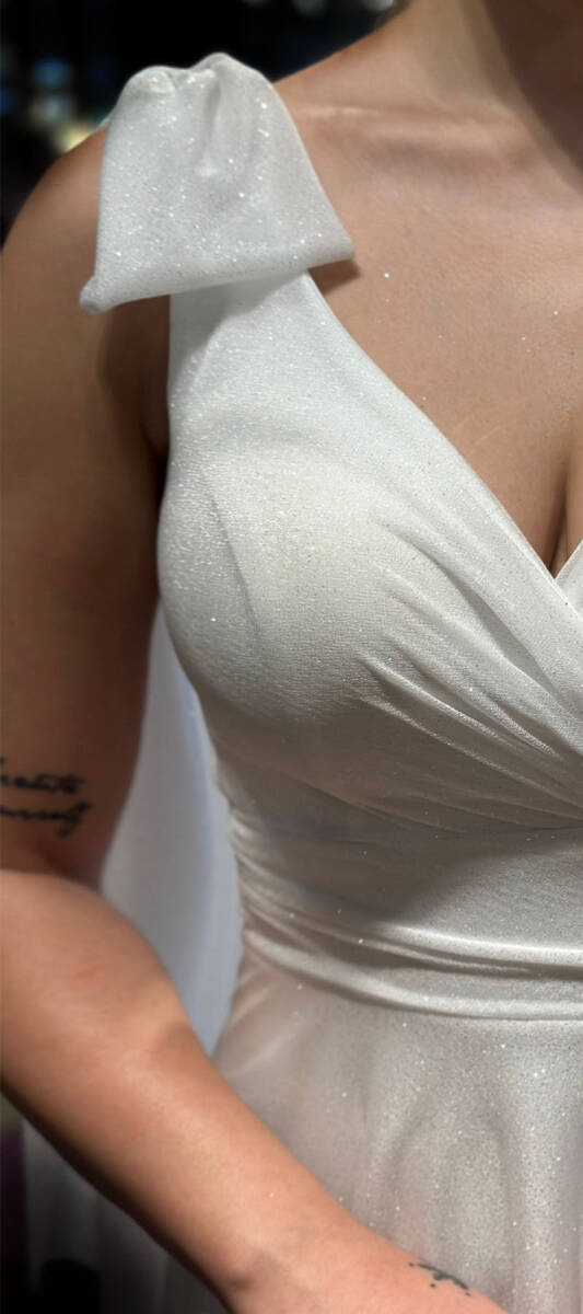 White Thick Strap Flared Skirt Glitter Fabric Long Evening Dress 7557 - 4