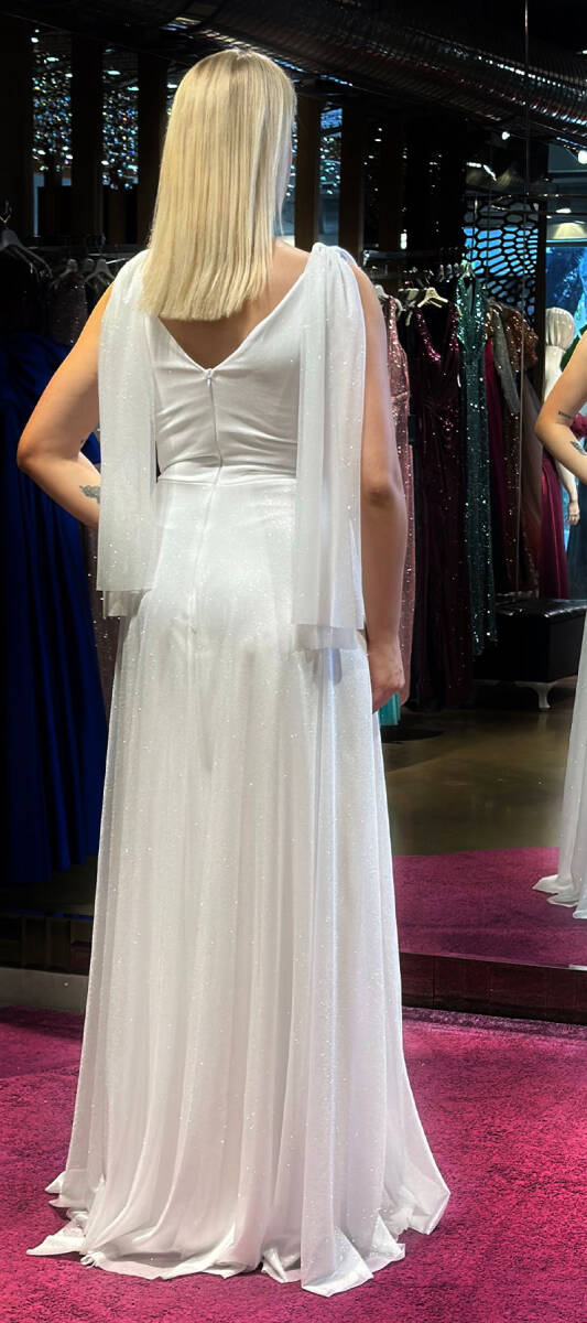 White Thick Strap Flared Skirt Glitter Fabric Long Evening Dress 7557 - 5