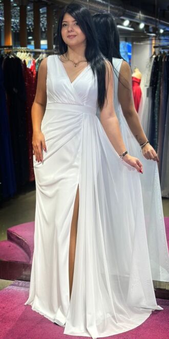 White Thick Strap Slit Straight Cut Lycra Long Evening Dress 7648 