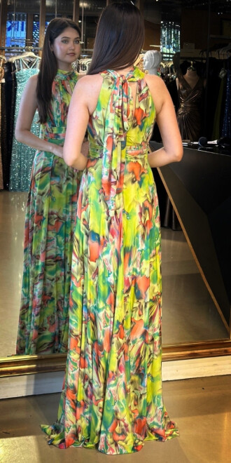 Fıstık Yeşili Stefanel Yaka Kloş Etekli Desenli Uzun Abiye Elbise 7611 - 5