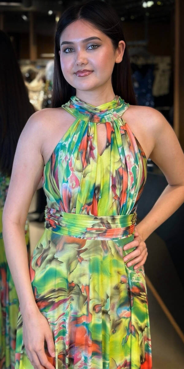 Fıstık Yeşili Stefanel Yaka Kloş Etekli Desenli Uzun Abiye Elbise 7611 - 3