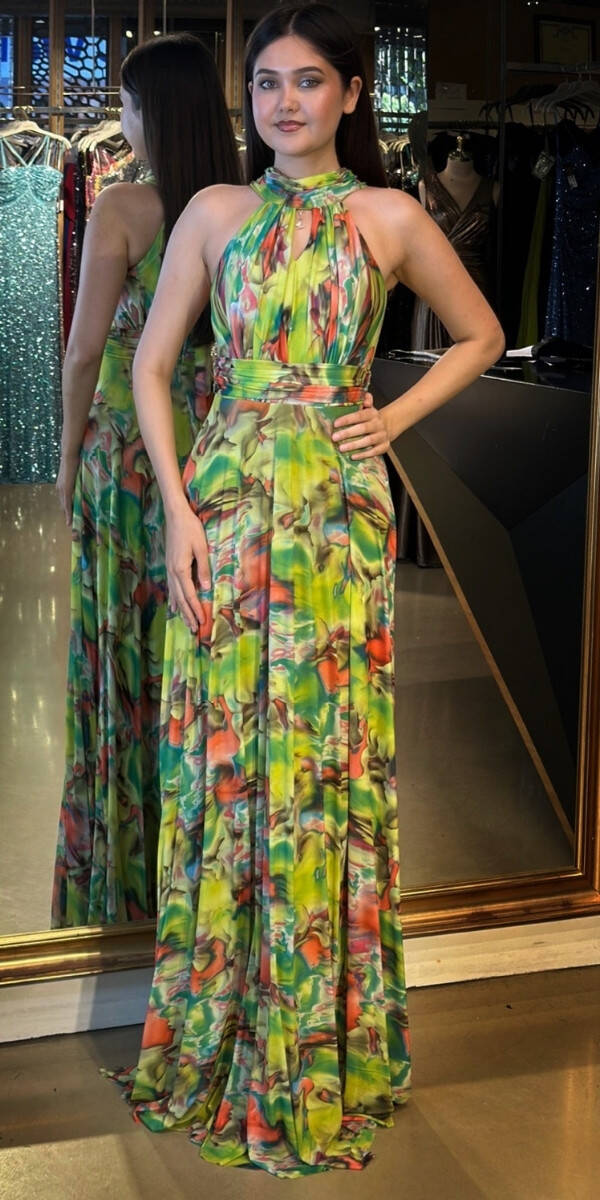 Fıstık Yeşili Stefanel Yaka Kloş Etekli Desenli Uzun Abiye Elbise 7611 - 1