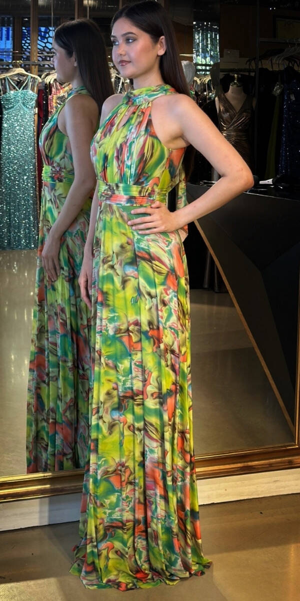 Fıstık Yeşili Stefanel Yaka Kloş Etekli Desenli Uzun Abiye Elbise 7611 - 2