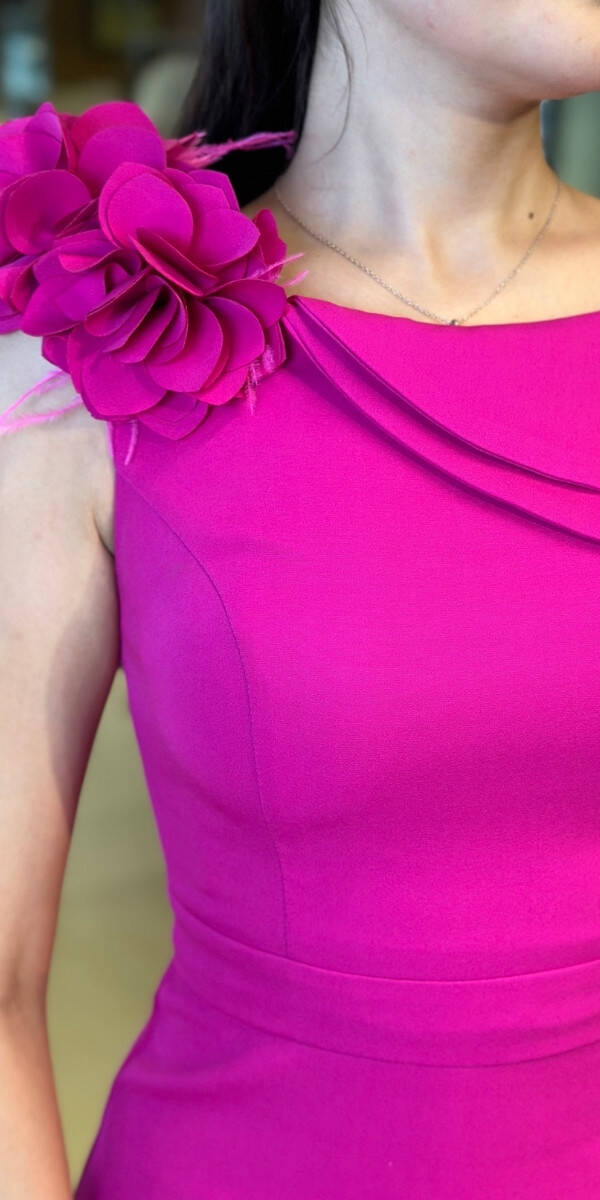 Fuşya Çiçek Detaylı Yırtmaçlı Düz Kesim Krep Uzun Abiye Elbise 11027 - 4