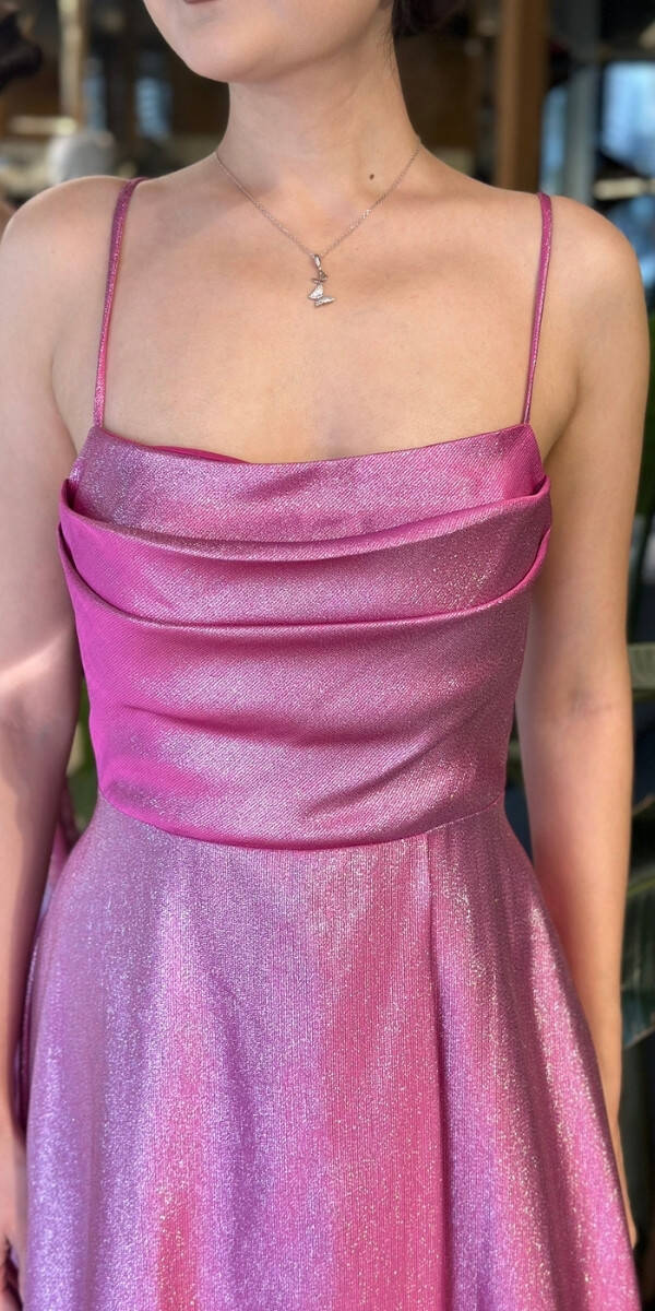 Fuşya Degaje Yaka İp Askılı Sırt Dekolteli Kloş Etekli Saten Uzun Abiye Elbise 11104-02 - 4