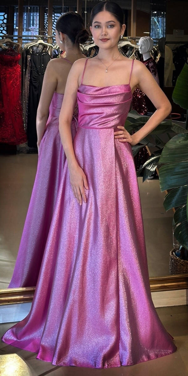 Fuşya Degaje Yaka İp Askılı Sırt Dekolteli Kloş Etekli Saten Uzun Abiye Elbise 11104-02 - 1