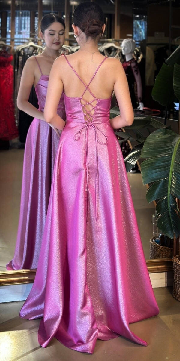 Fuşya Degaje Yaka İp Askılı Sırt Dekolteli Kloş Etekli Saten Uzun Abiye Elbise 11104-02 - 5