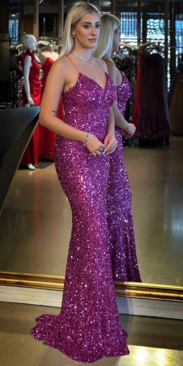 Fuşya İp Askılı V Yaka Sırt Dekolteli Balık Etekli Pul Payet Uzun Abiye Elbise 7714 - 2