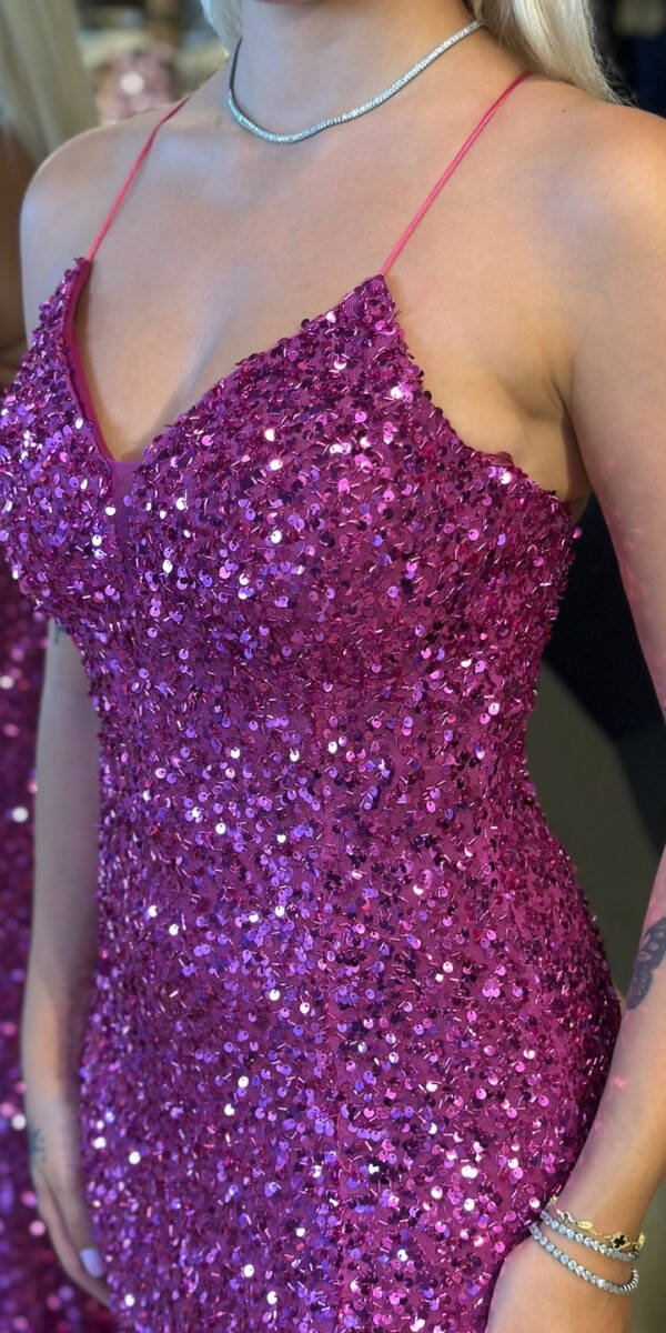 Fuşya İp Askılı V Yaka Sırt Dekolteli Balık Etekli Pul Payet Uzun Abiye Elbise 7714 - 4