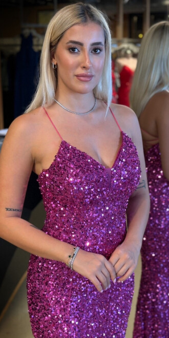 Fuşya İp Askılı V Yaka Sırt Dekolteli Balık Etekli Pul Payet Uzun Abiye Elbise 7714 - 3