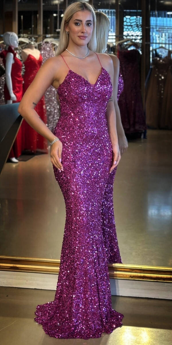 Fuşya İp Askılı V Yaka Sırt Dekolteli Balık Etekli Pul Payet Uzun Abiye Elbise 7714 - 1