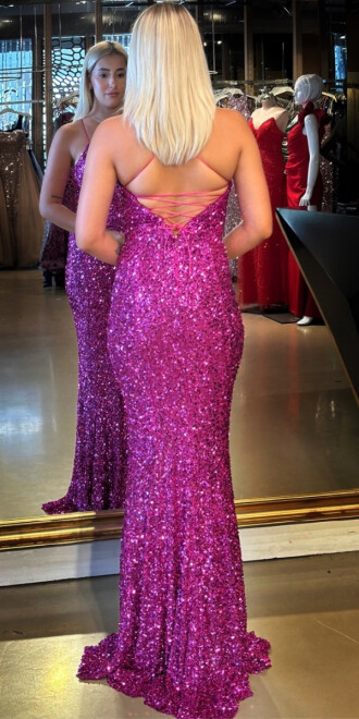 Fuşya İp Askılı V Yaka Sırt Dekolteli Balık Etekli Pul Payet Uzun Abiye Elbise 7714 - 5