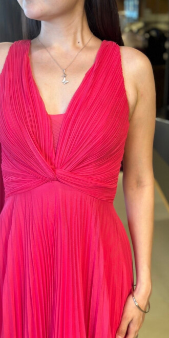 Fuşya Kalın Askı Sırt Dekolteli Kloş Etekli Şifon Tül Uzun Abiye Elbise 7645 - 4