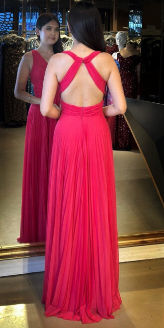 Fuşya Kalın Askı Sırt Dekolteli Kloş Etekli Şifon Tül Uzun Abiye Elbise 7645 - 5