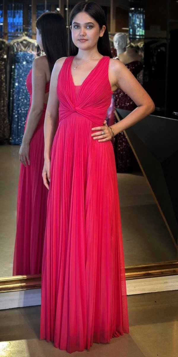 Fuşya Kalın Askı Sırt Dekolteli Kloş Etekli Şifon Tül Uzun Abiye Elbise 7645 - 1