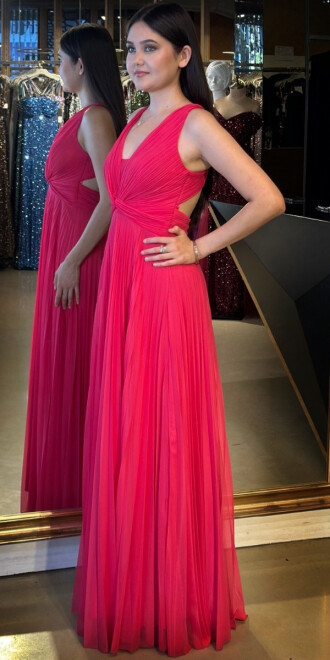 Fuşya Kalın Askı Sırt Dekolteli Kloş Etekli Şifon Tül Uzun Abiye Elbise 7645 - 2