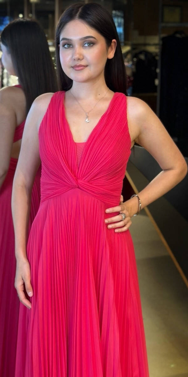 Fuşya Kalın Askı Sırt Dekolteli Kloş Etekli Şifon Tül Uzun Abiye Elbise 7645 - 3