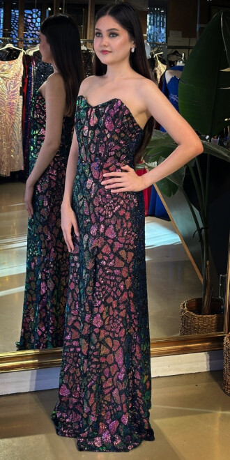 Fuşya Straplez Yaka Yırtmaçlı Düz Kesim Payet Uzun Abiye Elbise 11163-02 - 2