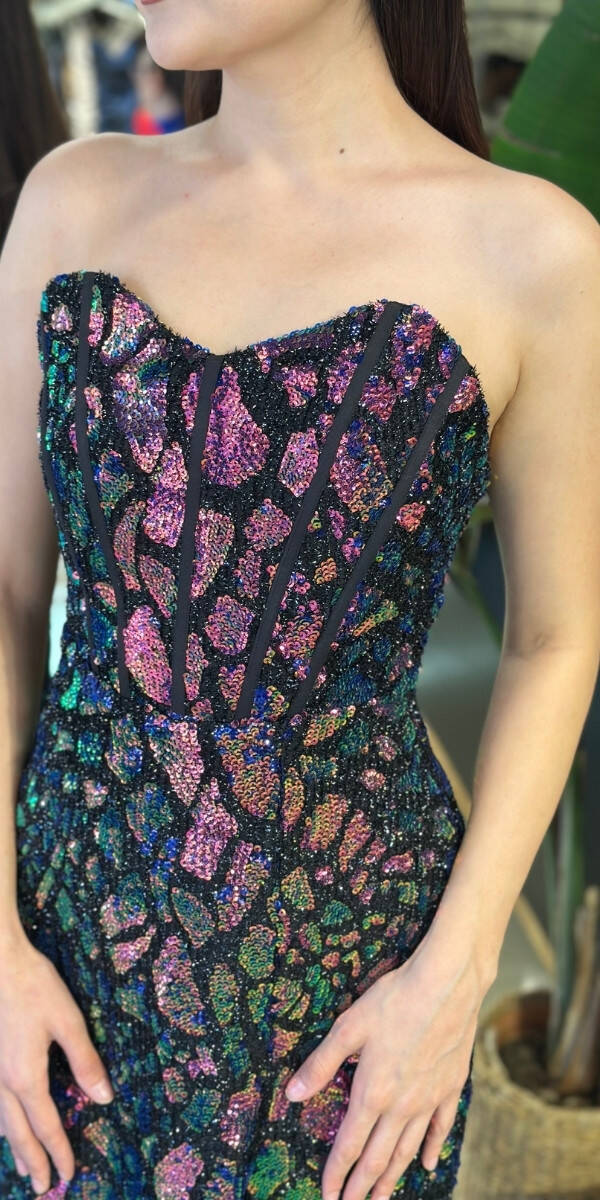 Fuşya Straplez Yaka Yırtmaçlı Düz Kesim Payet Uzun Abiye Elbise 11163-02 - 4