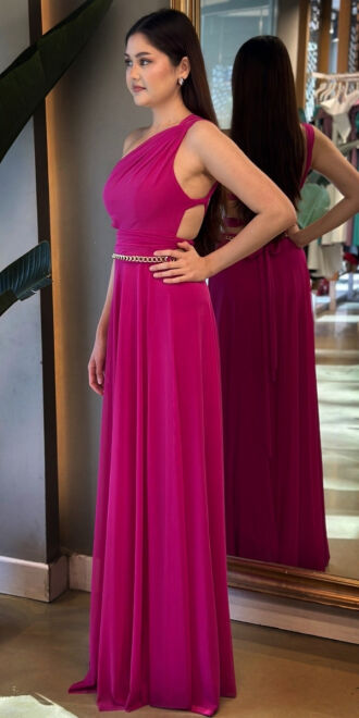 Fuşya Tek Omuzlu Zincir Detaylı Sırt Dekolteli Kloş Etekli Tül Uzun Abiye Elbise 7436 - 3