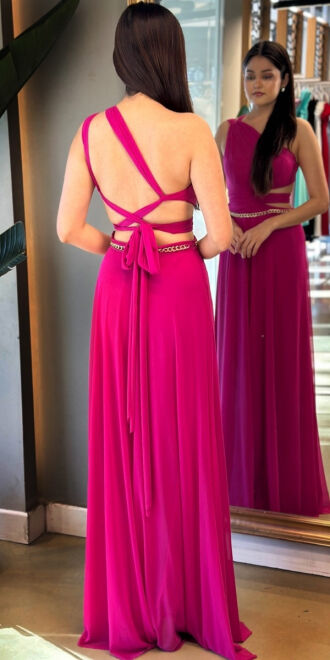 Fuşya Tek Omuzlu Zincir Detaylı Sırt Dekolteli Kloş Etekli Tül Uzun Abiye Elbise 7436 - 5