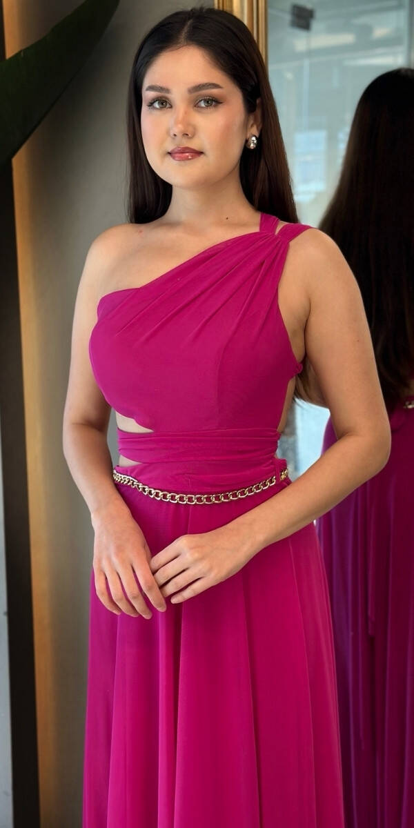 Fuşya Tek Omuzlu Zincir Detaylı Sırt Dekolteli Kloş Etekli Tül Uzun Abiye Elbise 7436 - 2
