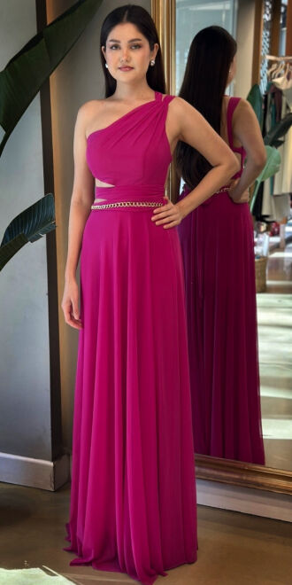 Fuşya Tek Omuzlu Zincir Detaylı Sırt Dekolteli Kloş Etekli Tül Uzun Abiye Elbise 7436 - abiyeniall