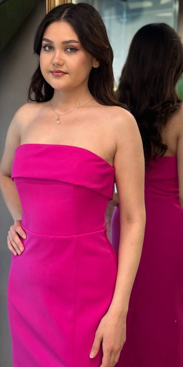 Fuşya Straplez Yaka Yırtmaçlı Düz Kesim Krep Midi Abiye Elbise 7692 - 2