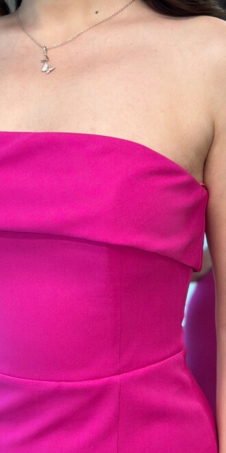 Fuşya Straplez Yaka Yırtmaçlı Düz Kesim Krep Midi Abiye Elbise 7692 - 4