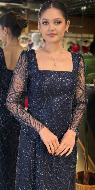 Gece Mavisi Kare Yaka Uzun Kollu Kloş Etekli Pullu Boncuklu Uzun Abiye Elbise 11047-11 - 3