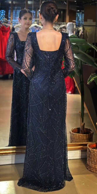 Gece Mavisi Kare Yaka Uzun Kollu Kloş Etekli Pullu Boncuklu Uzun Abiye Elbise 11047-11 - 5