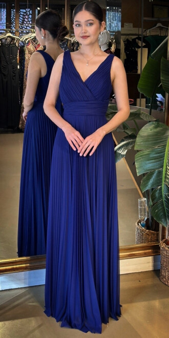 Gece Mavisi V Yaka Kalın Askı Kloş Etekli Şifon Uzun Abiye Elbise 11098-07 
