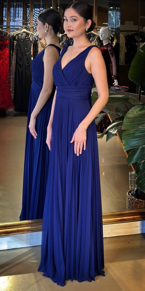 Gece Mavisi V Yaka Kalın Askı Kloş Etekli Şifon Uzun Abiye Elbise 11098-07 - 2