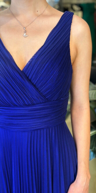 Gece Mavisi V Yaka Kalın Askı Kloş Etekli Şifon Uzun Abiye Elbise 11098-07 - 4