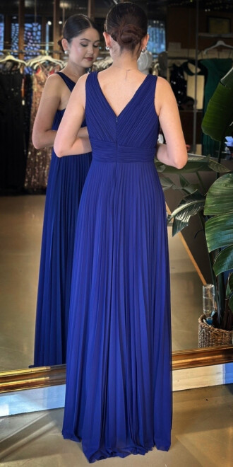 Gece Mavisi V Yaka Kalın Askı Kloş Etekli Şifon Uzun Abiye Elbise 11098-07 - 5