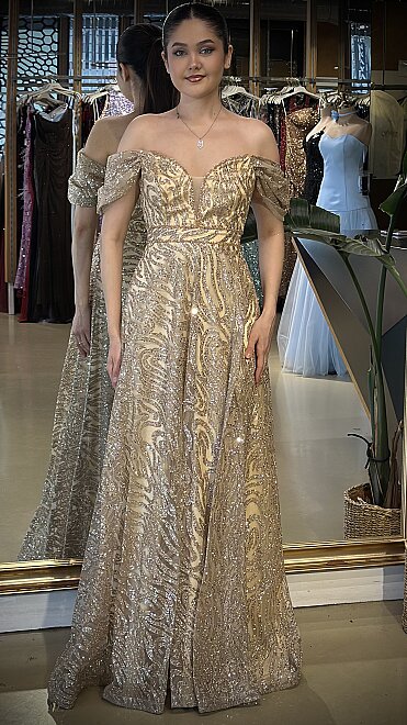 Gold Boncuk İşlemeli Madonna Yaka Kloş Etekli Simli Uzun Abiye Elbise 7547 - abiyeniall