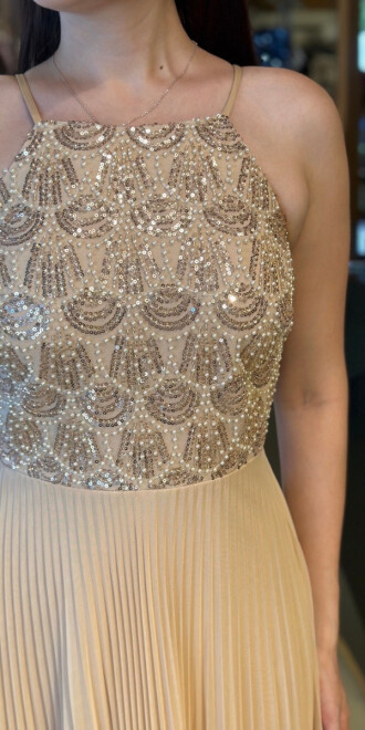 Gold İnce Askılı Sırt Dekolteli Kloş Etekli Tül Uzun Abiye Elbise 11049 - 4