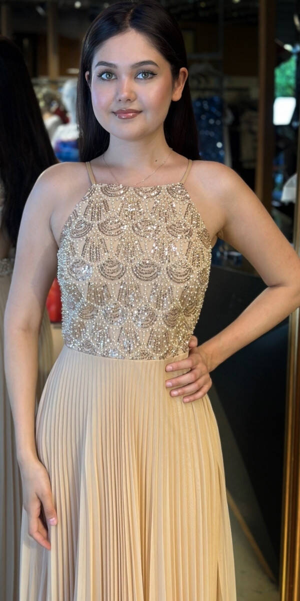 Gold İnce Askılı Sırt Dekolteli Kloş Etekli Tül Uzun Abiye Elbise 11049 - 3