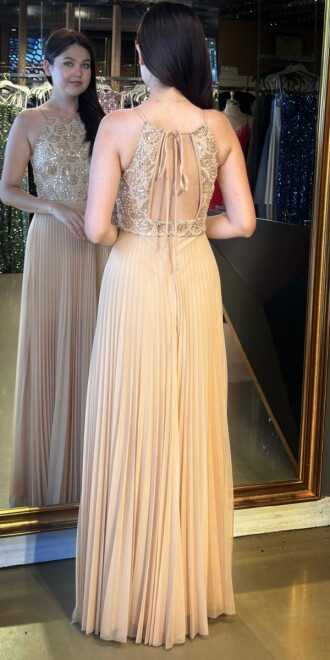 Gold İnce Askılı Sırt Dekolteli Kloş Etekli Tül Uzun Abiye Elbise 11049 - 5