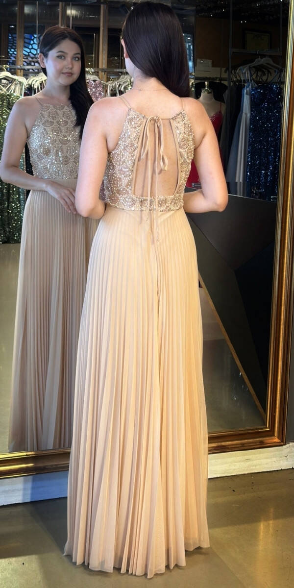 Gold İnce Askılı Sırt Dekolteli Kloş Etekli Tül Uzun Abiye Elbise 11049 - 5